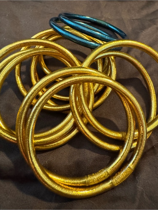 Budhagirl Jewelry - Gold and Teal Stackable Metal Bangle Bracelet Set - Women's Fashion